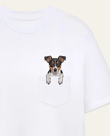 Koszulka z haftem Rat terrier (trikolor) – biała