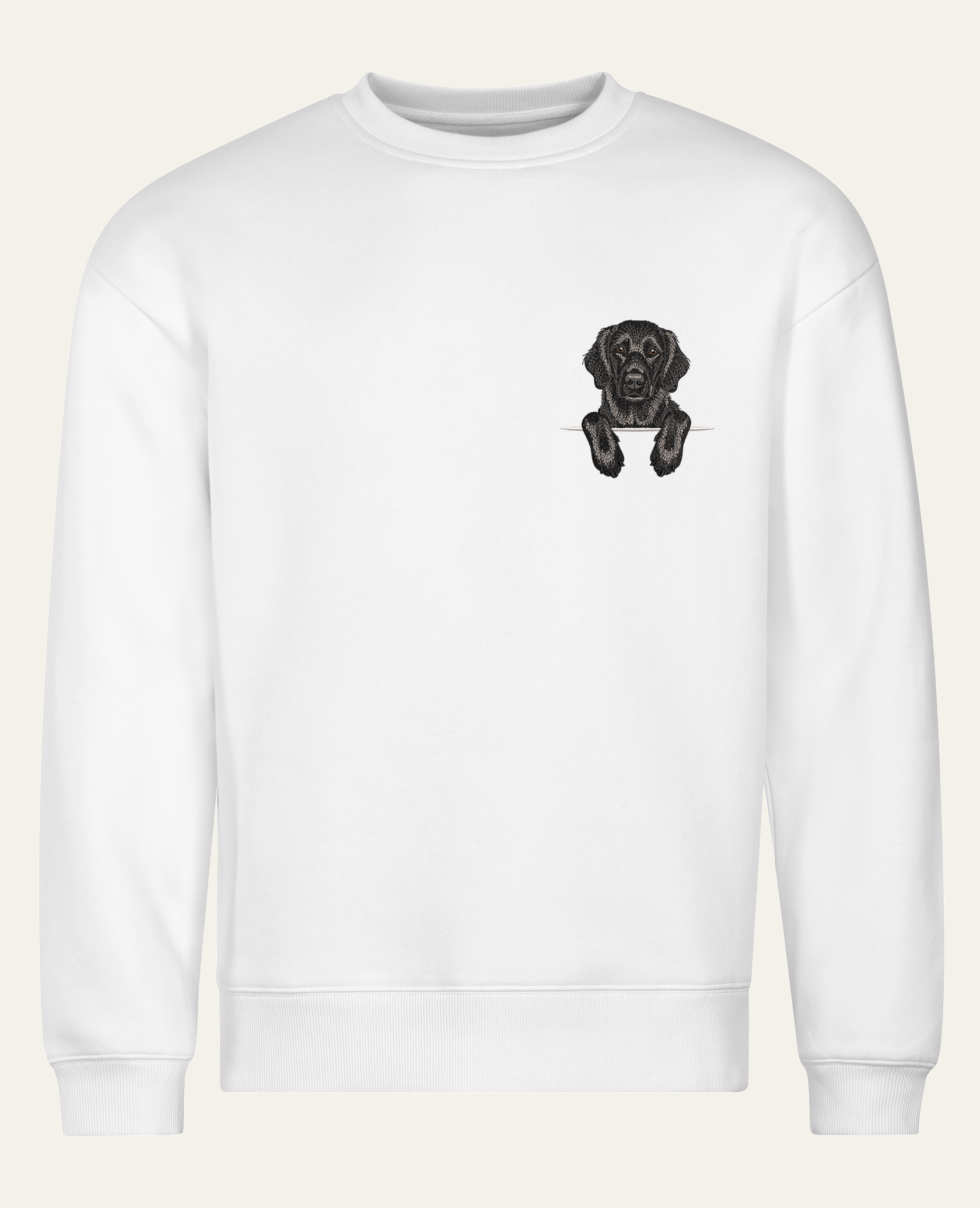 Flat coated retriever (czarny) – bluza z haftem, biała (cała sylwetka)