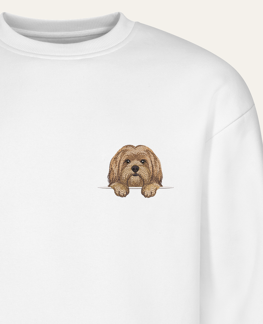 Lhasa apso (złoty) – bluza z haftem, biała (zbliżenie)
