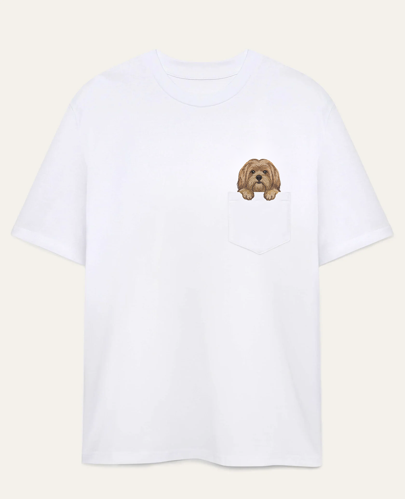 Koszulka z haftem Lhasa apso (złoty) – biała, cała