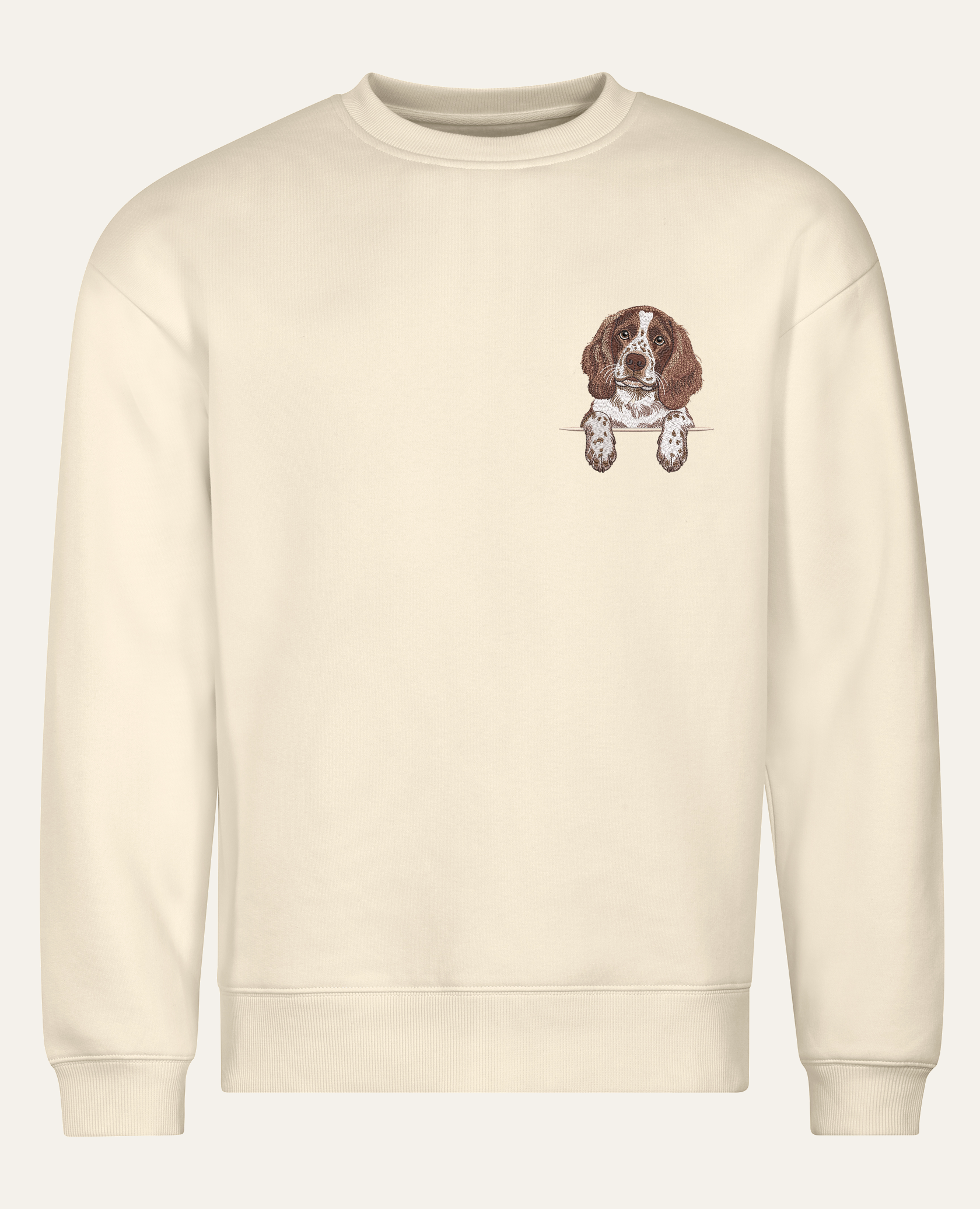 Springer spaniel angielski (wątrobiano-biały) – bluza z haftem, piaskowa (cała sylwetka)
