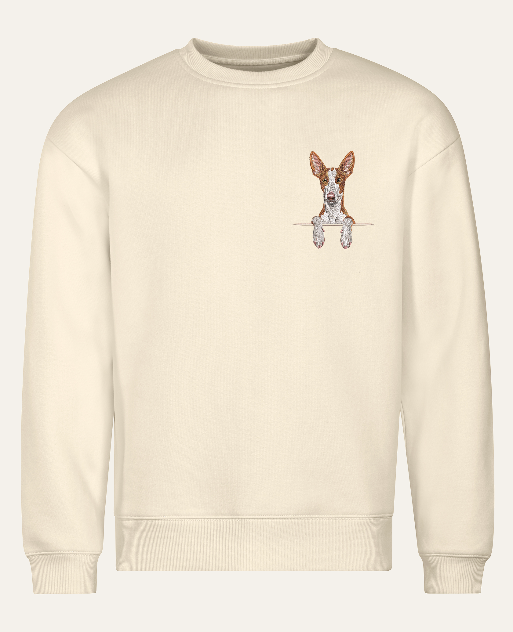 Podenco z Ibizy (rudo-biały) – bluza z haftem, piaskowa (cała sylwetka)