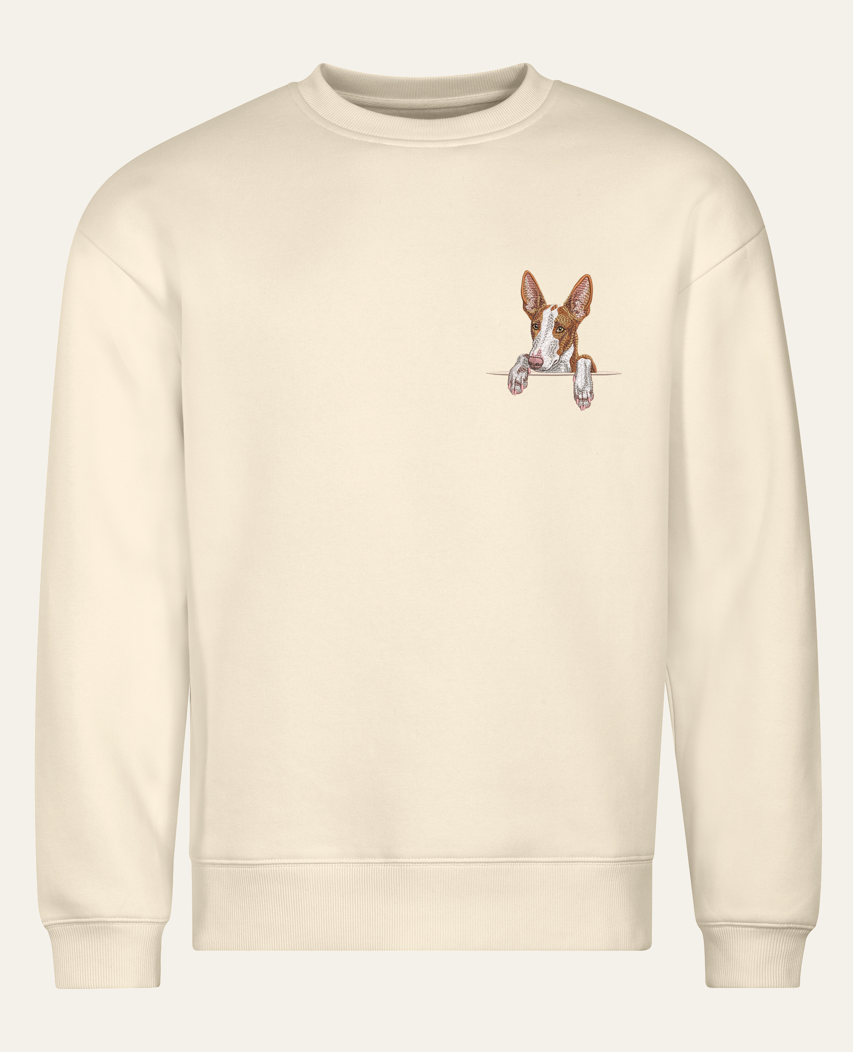 Podenco z Ibizy (rudo-biały) wzór 2 – bluza z haftem, piaskowa (cała sylwetka)