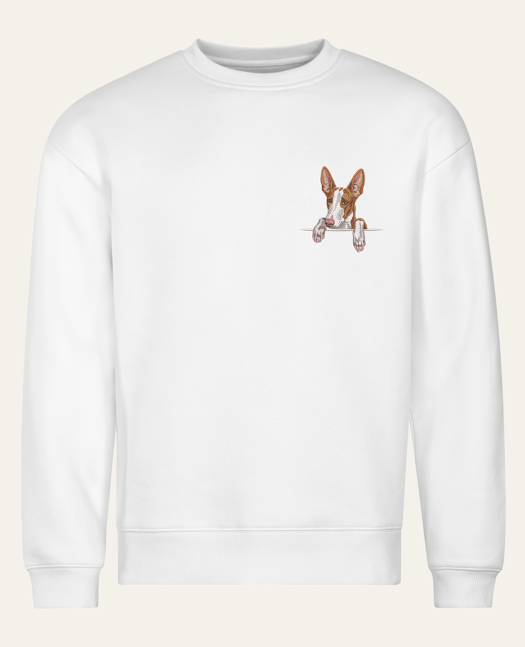 Podenco z Ibizy (rudo-biały) wzór 2 – bluza z haftem, biała (cała sylwetka)