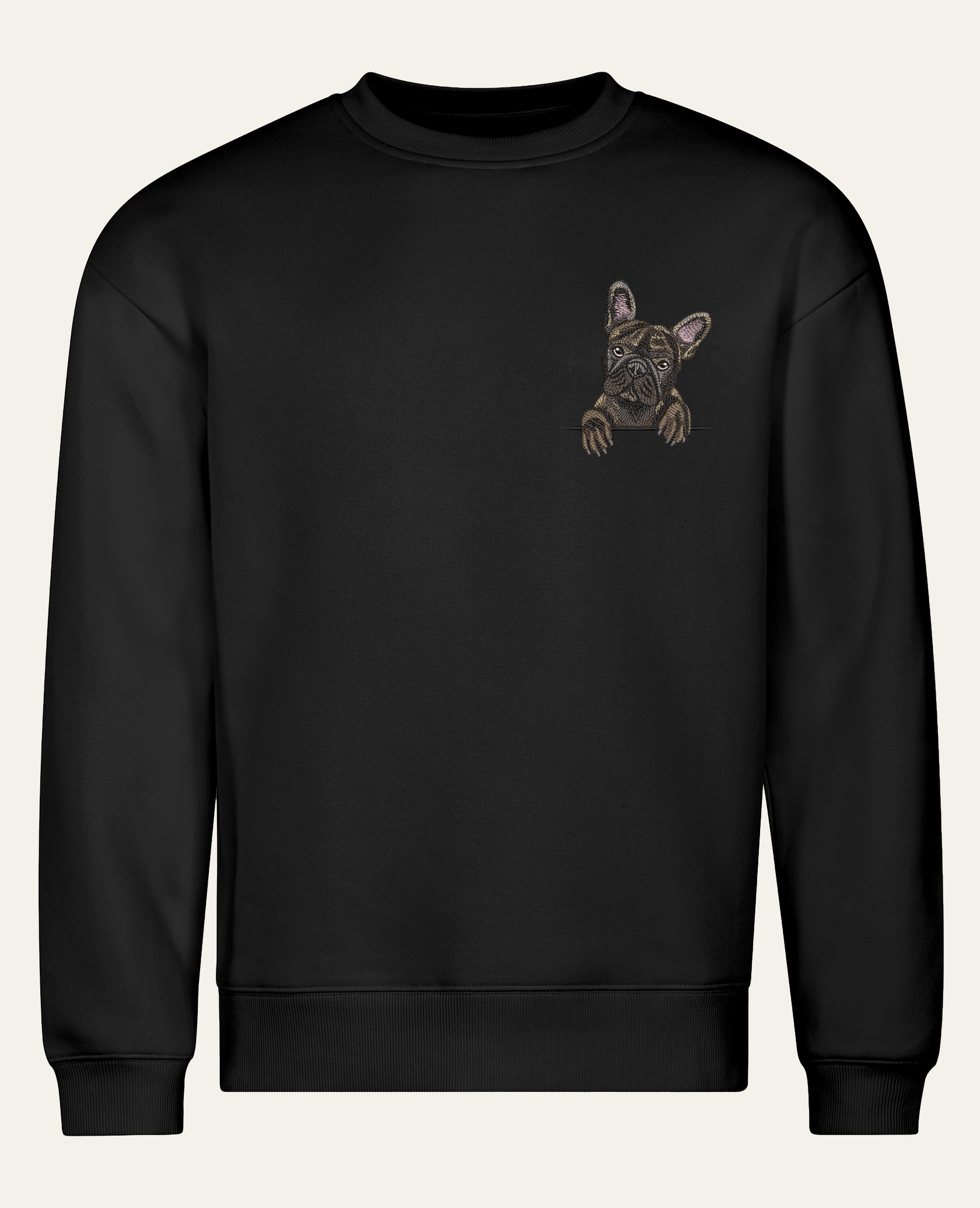 Buldog francuski (pręgowany) – bluza z haftem, czarna (cała sylwetka)