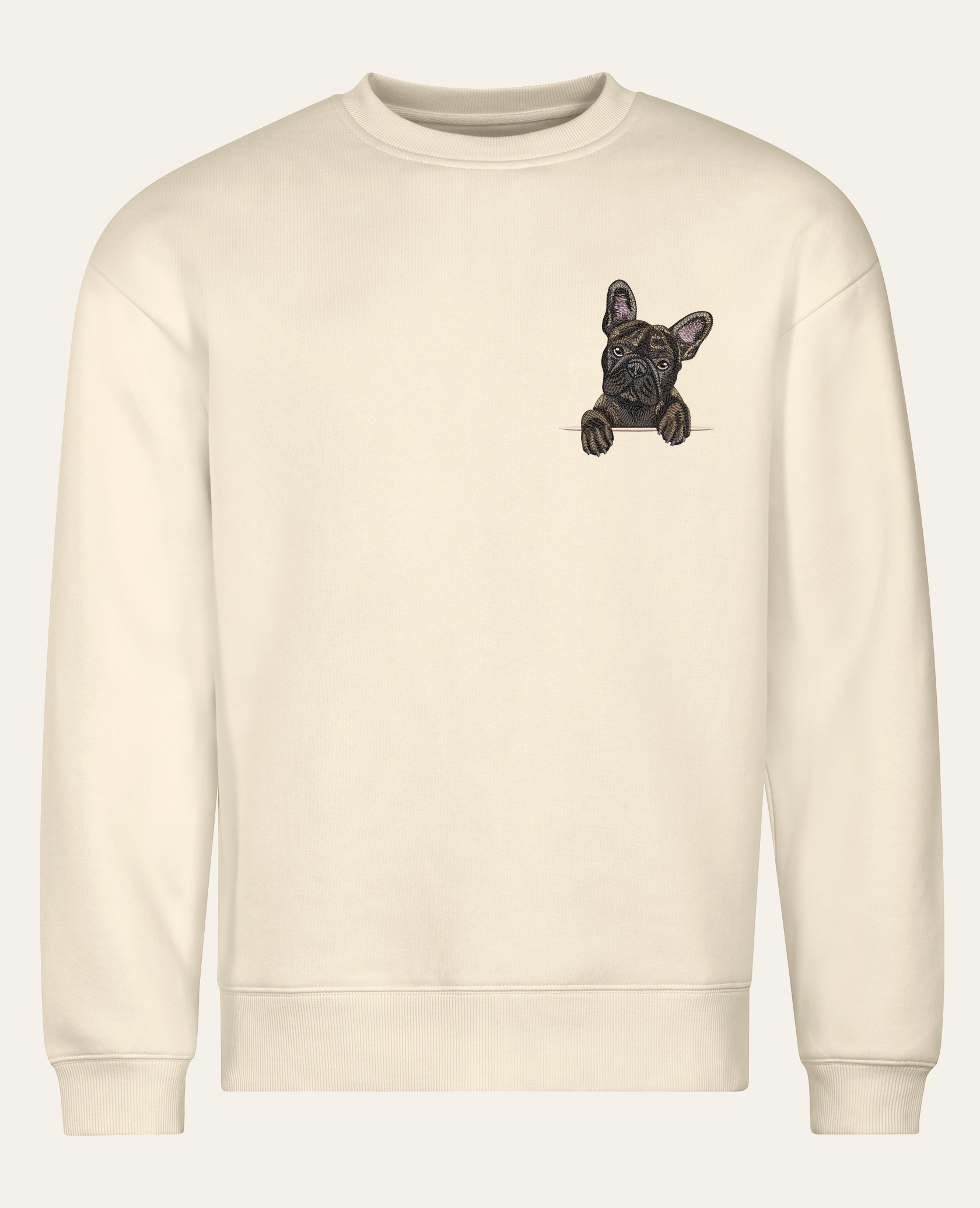 Buldog francuski (pręgowany) – bluza z haftem, piaskowa (cała sylwetka)