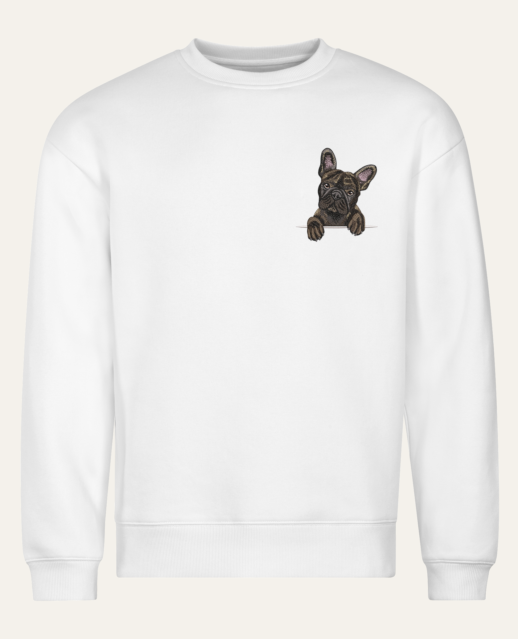 Buldog francuski (pręgowany) – bluza z haftem, biała (cała sylwetka)