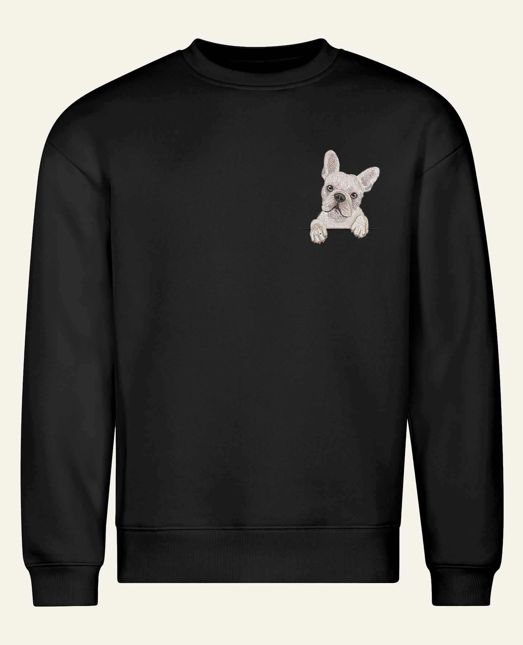 Buldog francuski (kremowy) – bluza z haftem, czarna (cała sylwetka)