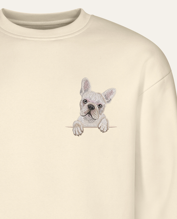 Buldog francuski (kremowy) – bluza z haftem, piaskowa (zbliżenie)