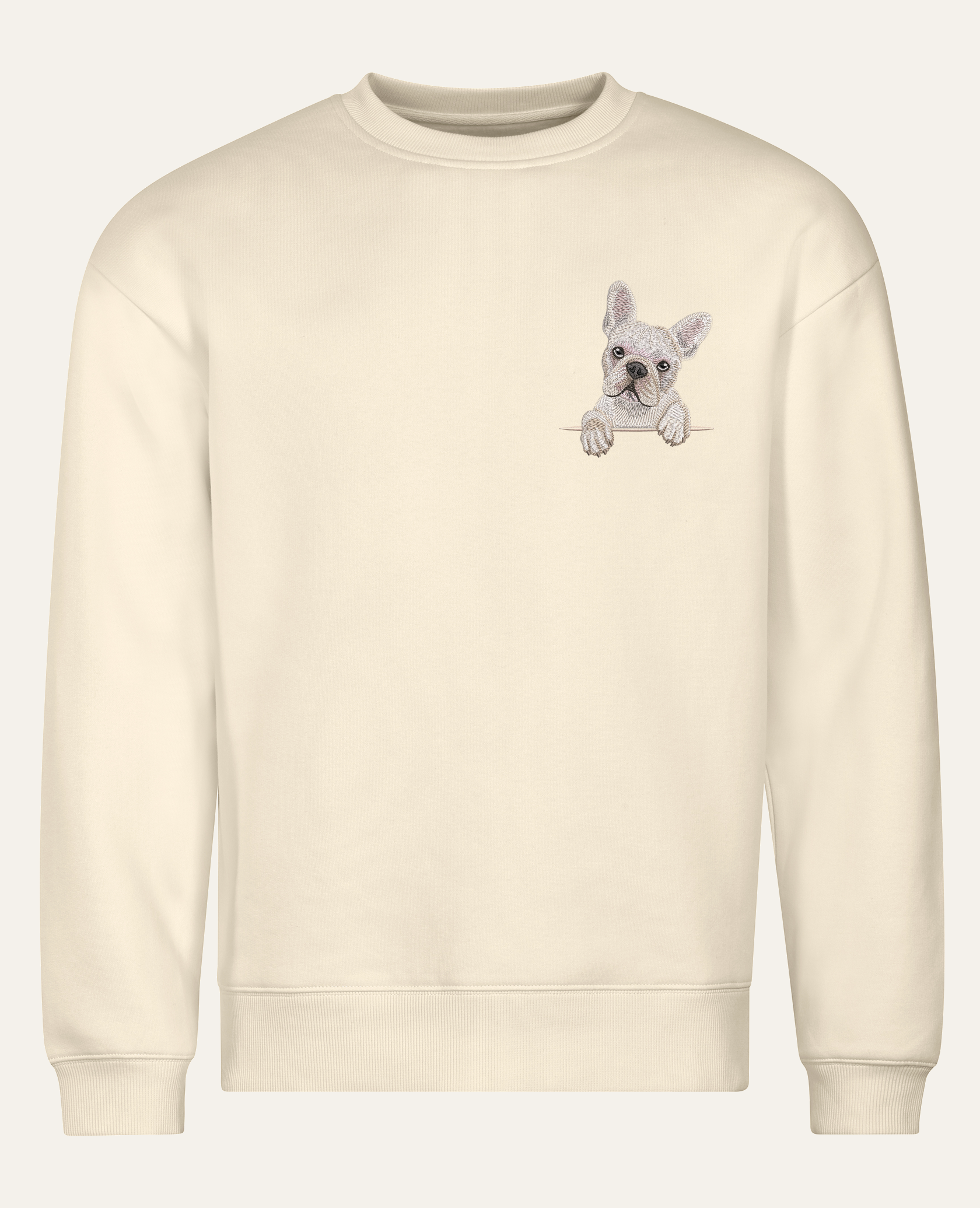 Buldog francuski (kremowy) – bluza z haftem, piaskowa (cała sylwetka)