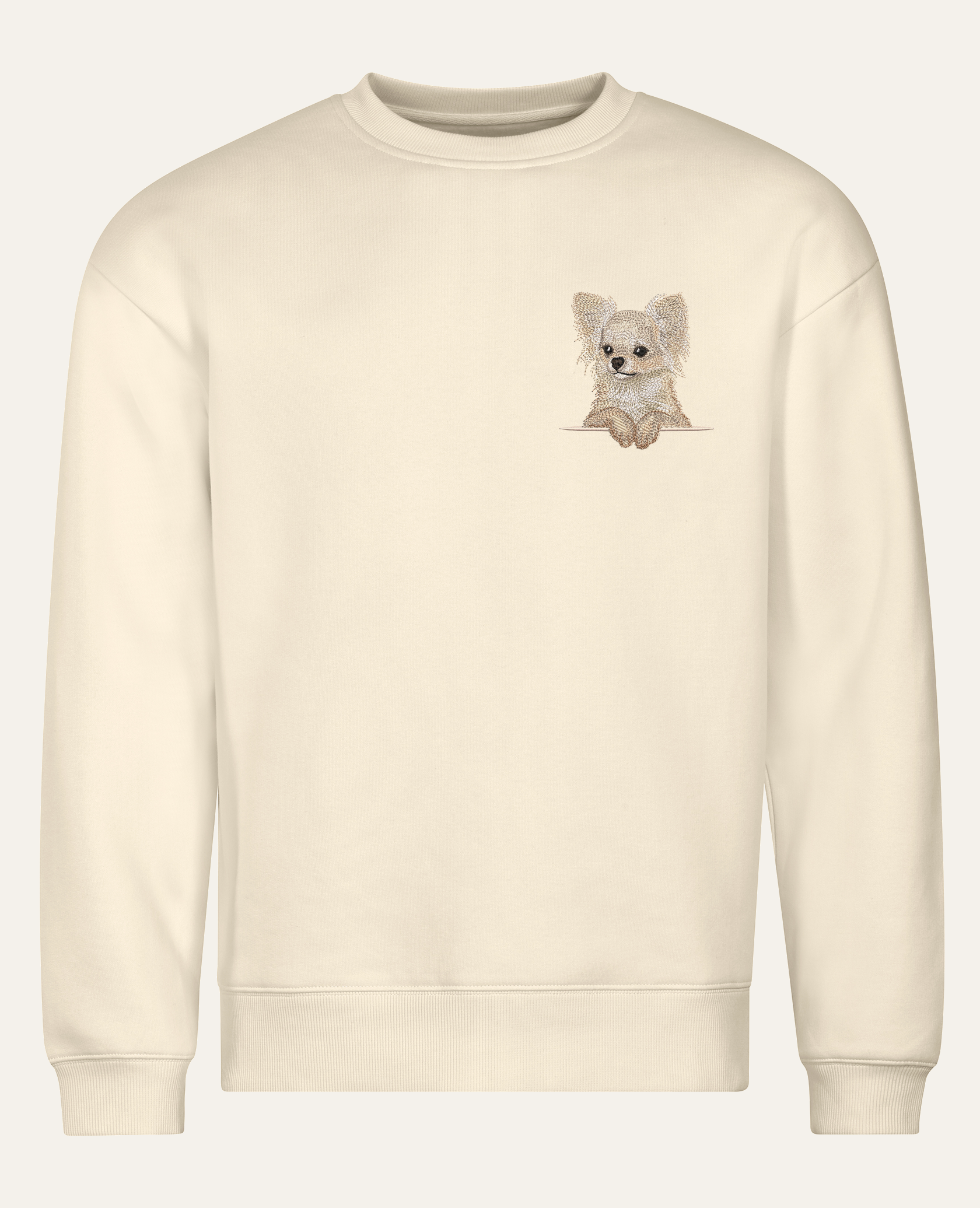 Chihuahua długowłosa (kremowy) – bluza z haftem, piaskowa (cała sylwetka)