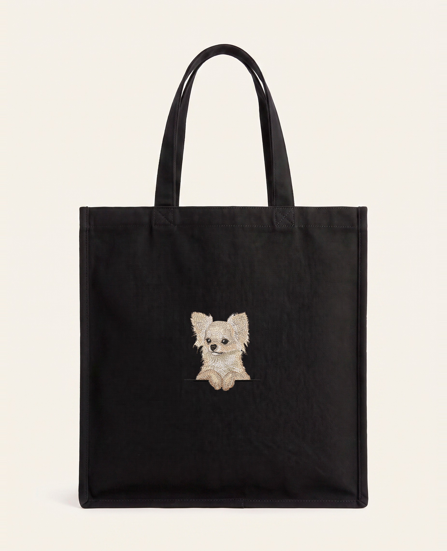 Chihuahua długowłosa (kremowy) – torba z haftem, czarna