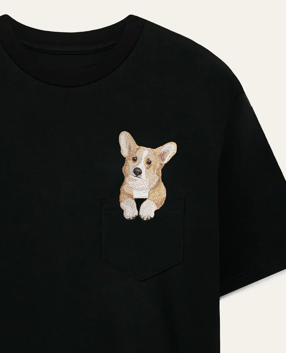 Koszulka z haftem Corgi (płowy) – czarna