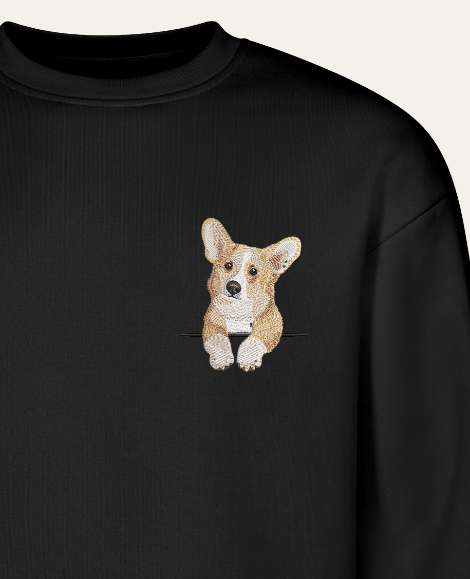 Corgi (płowy) – bluza z haftem, czarna (zbliżenie)