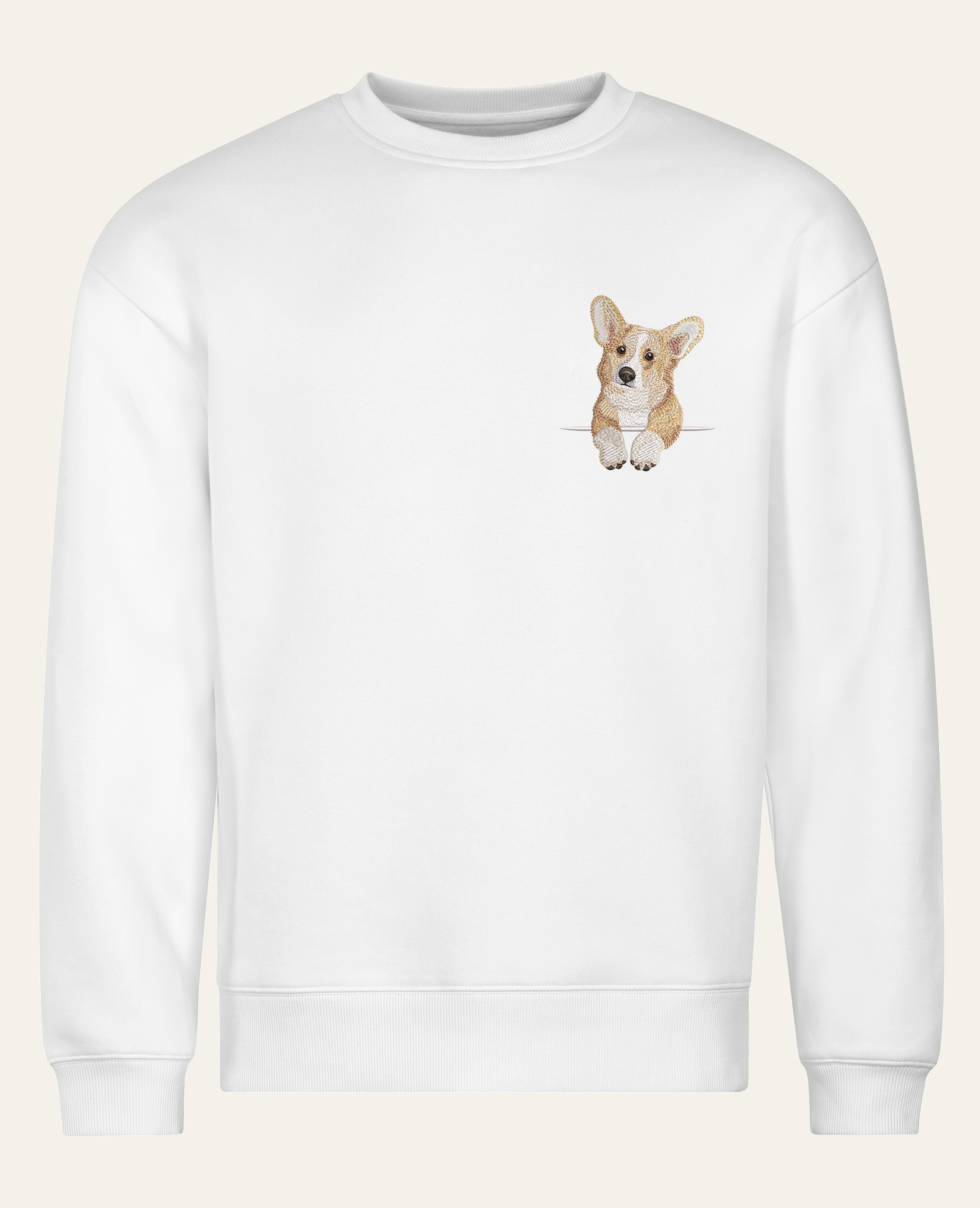 Corgi (płowy) – bluza z haftem, biała (cała sylwetka)