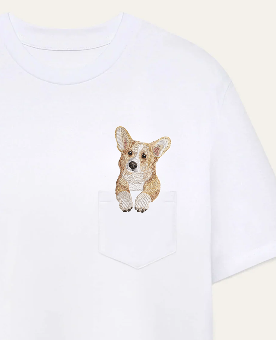 Koszulka z haftem Corgi (płowy) – biała