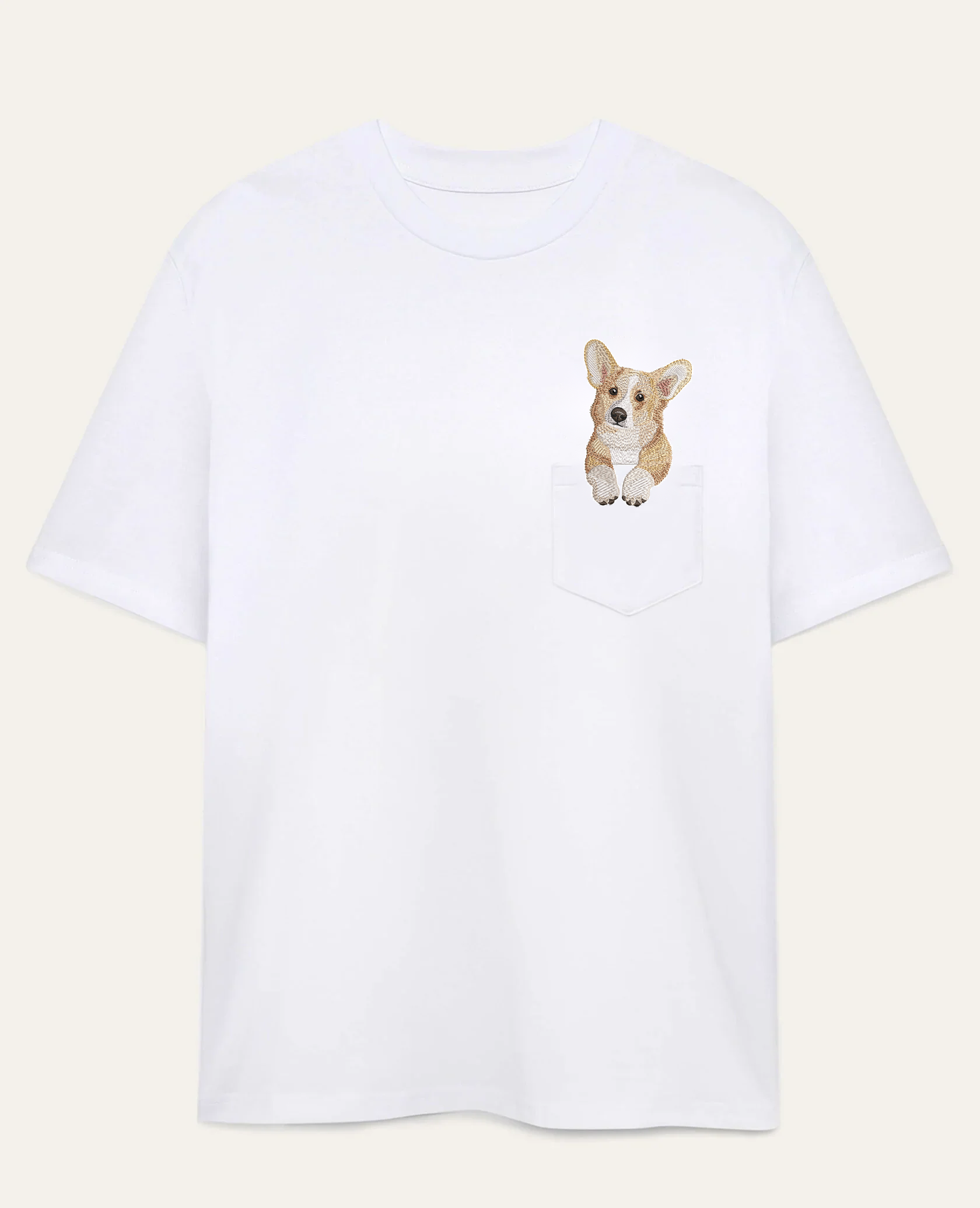 Koszulka z haftem Corgi (płowy) – biała, cała