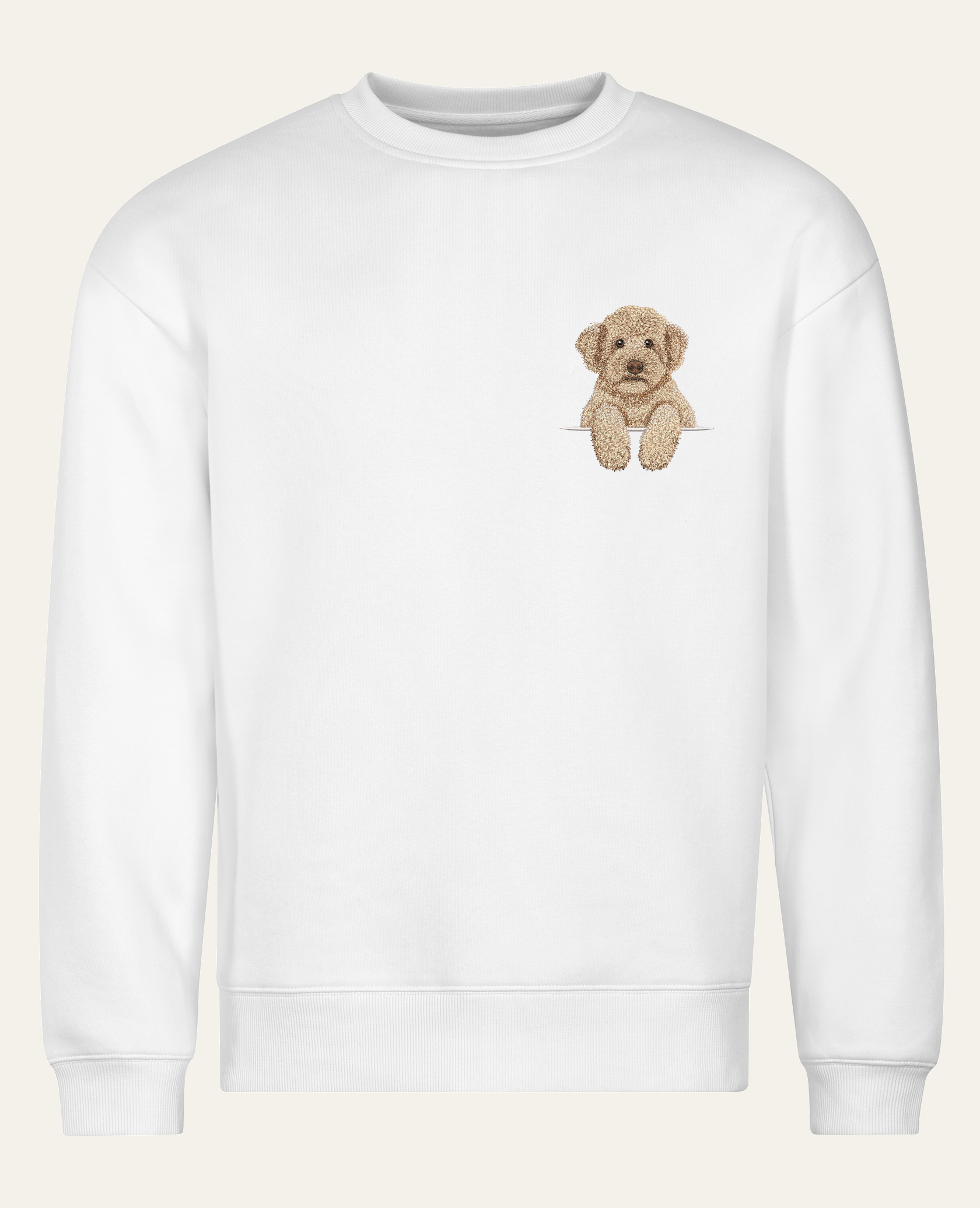 Lagotto romagnolo (beżowy) – bluza z haftem, biała (cała sylwetka)