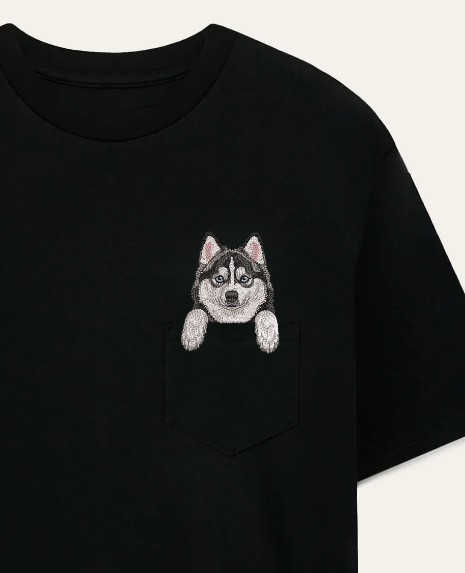 Koszulka z haftem Pomsky (czarno-biały) – czarna