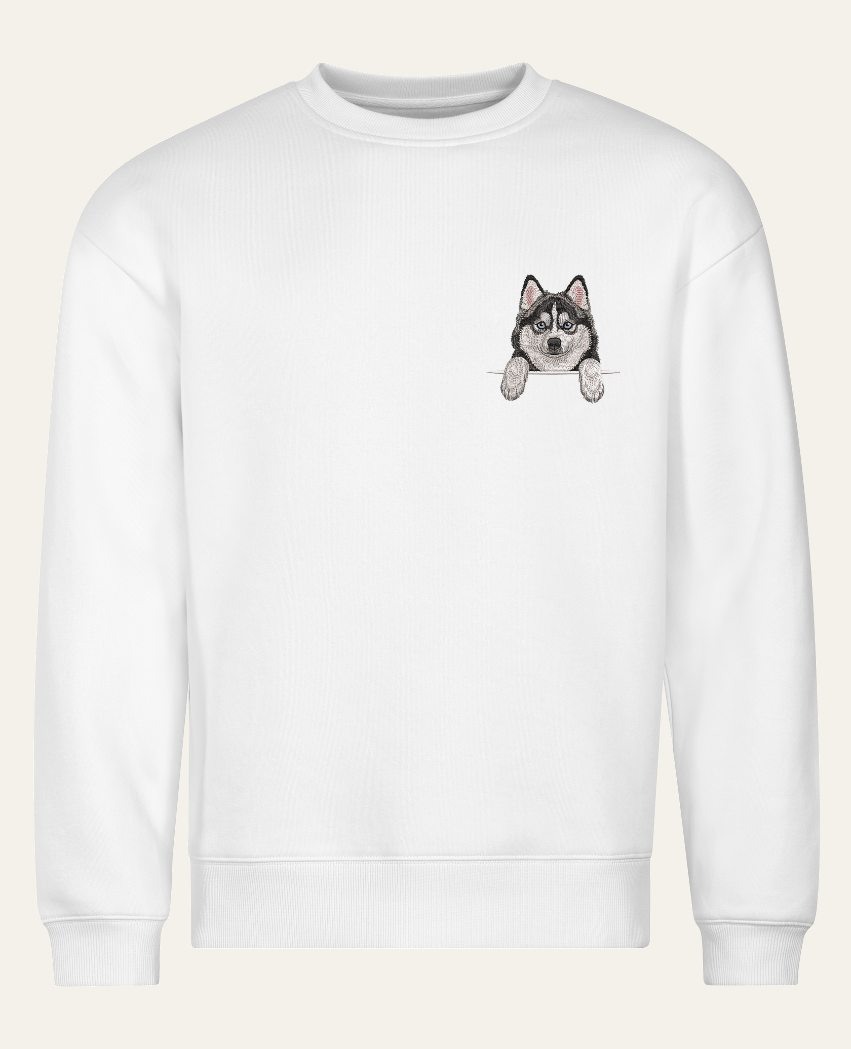 Pomsky (czarno-biały) – bluza z haftem, biała (cała sylwetka)