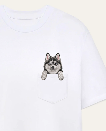Koszulka z haftem Pomsky (czarno-biały) – biała