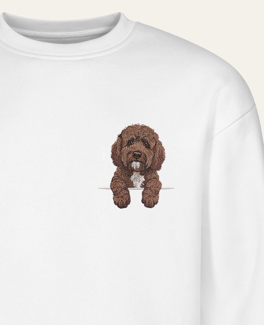 Barbet (brązowy) – bluza z haftem, biała (zbliżenie)