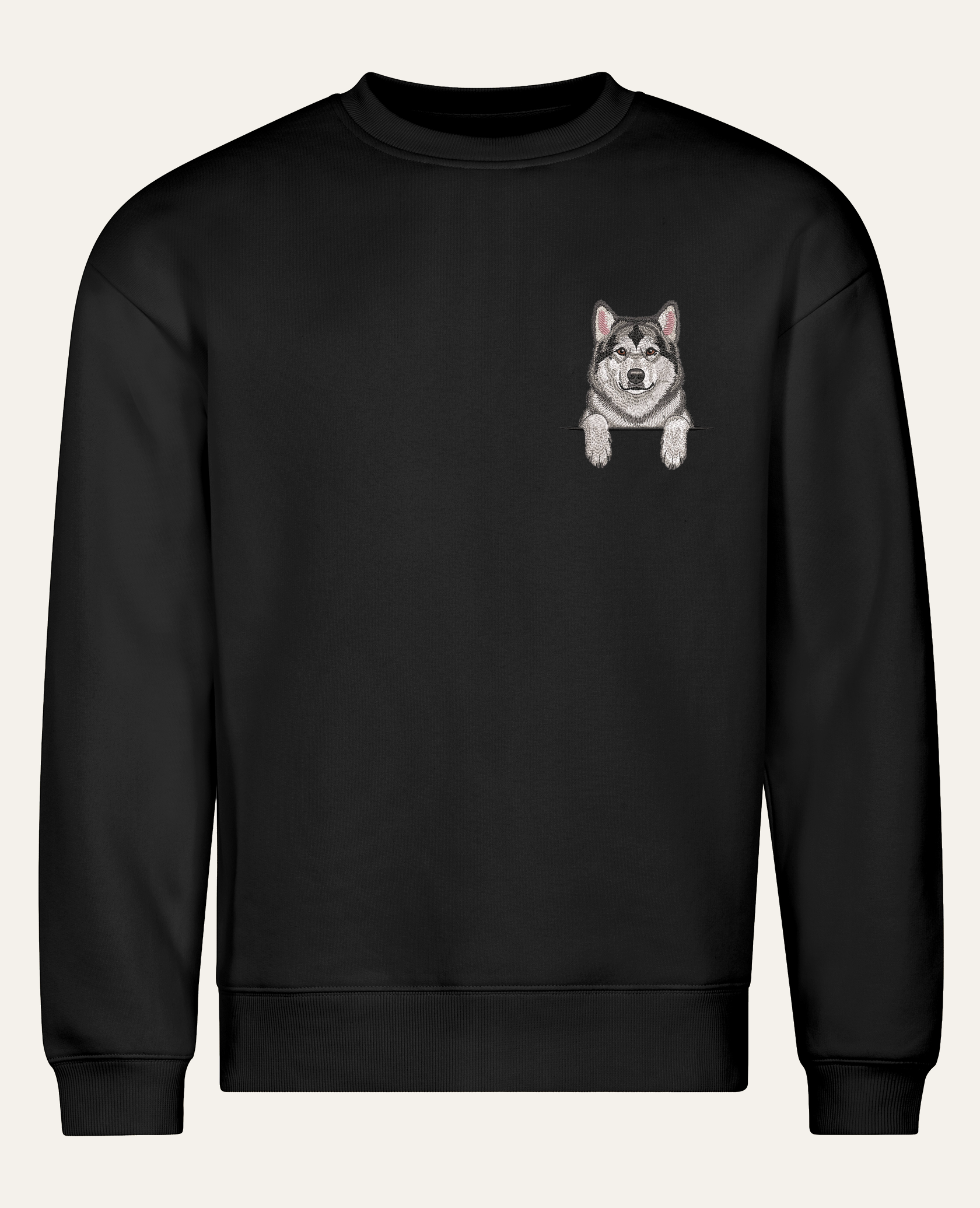 Alaskan malamute (szaro-biały) – bluza z haftem, czarna (cała sylwetka)