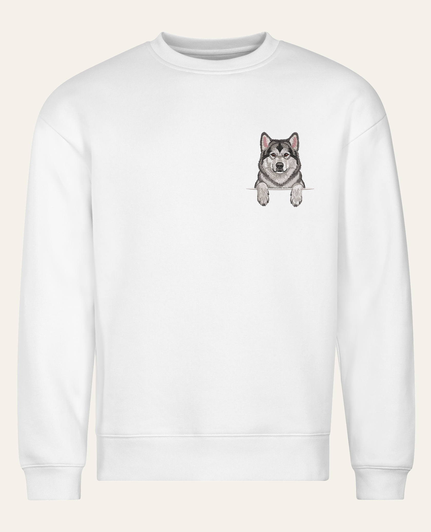 Alaskan malamute (szaro-biały) – bluza z haftem, biała (cała sylwetka)