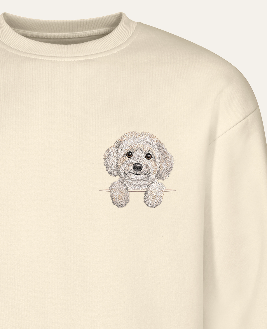 Coton de Tulear (biały) – bluza z haftem, piaskowa (zbliżenie)