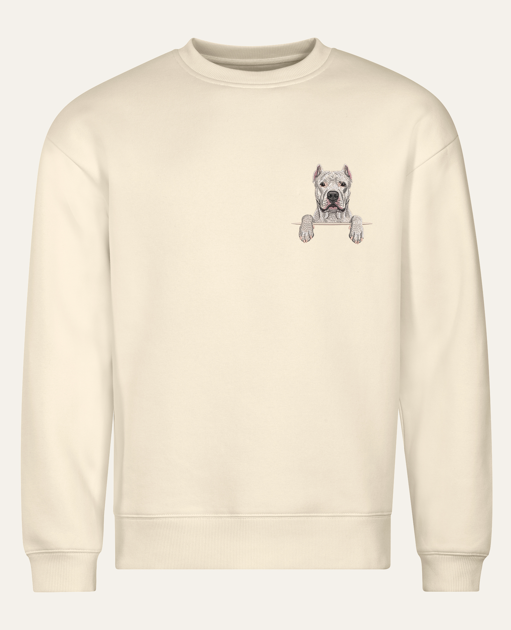 Dog argentyński (biały) – bluza z haftem, piaskowa (cała sylwetka)