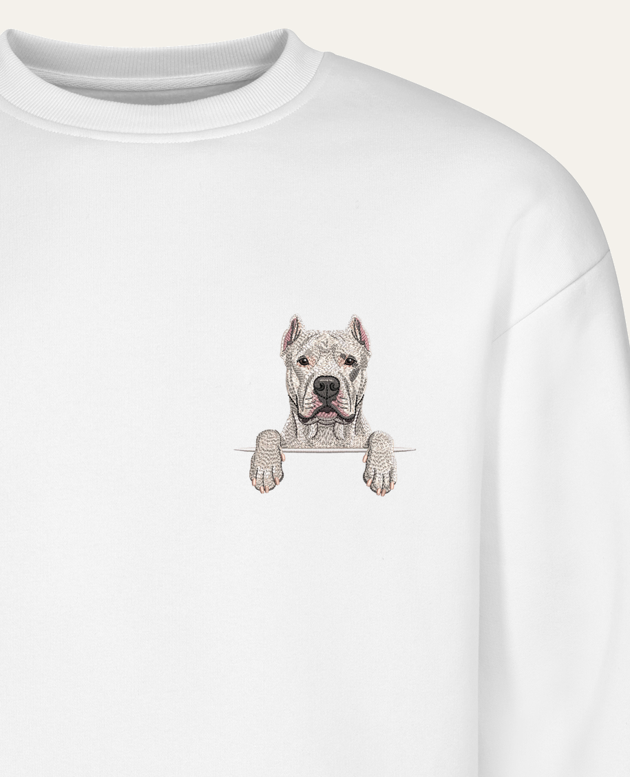 Dog argentyński (biały) – bluza z haftem, biała (zbliżenie)