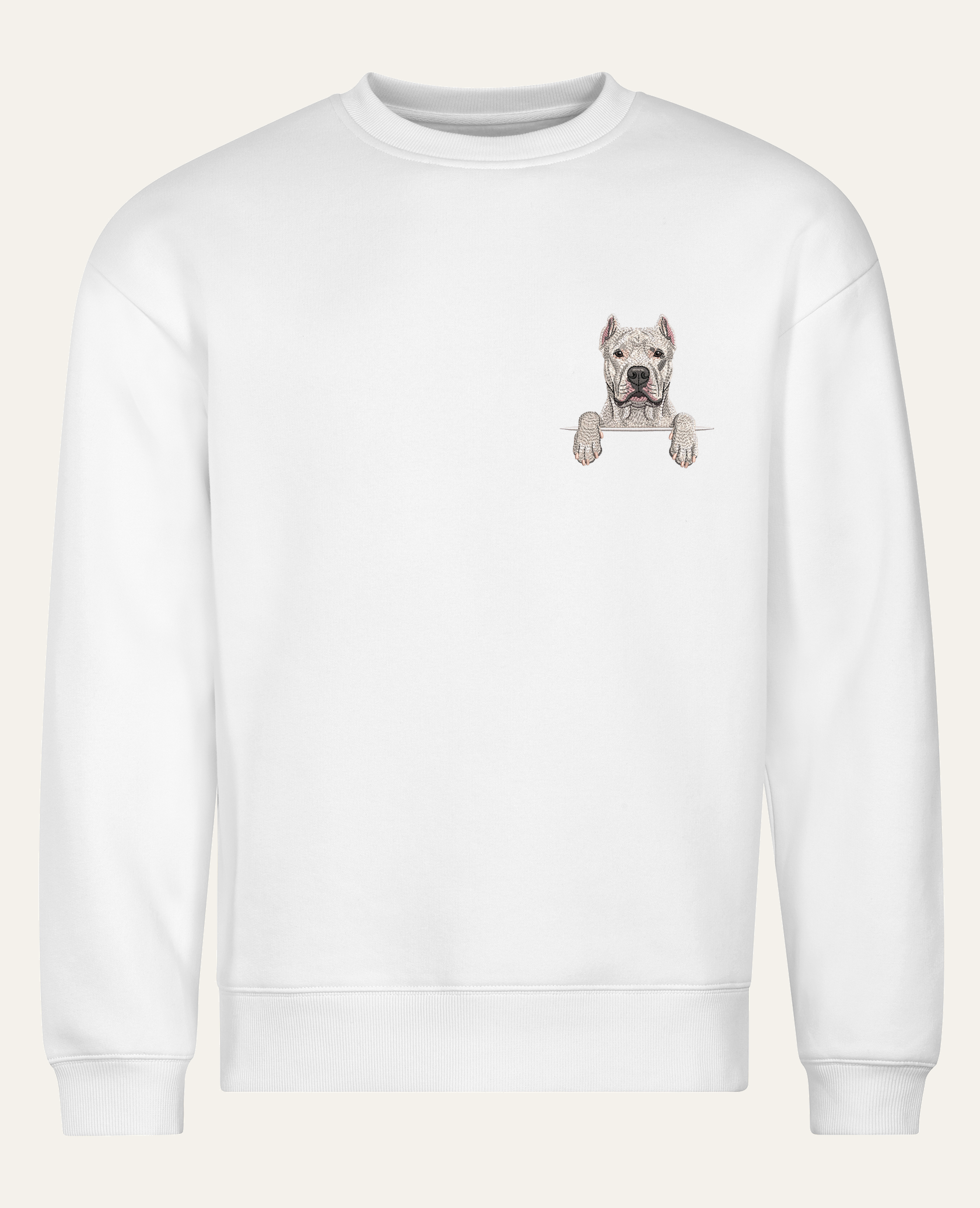 Dog argentyński (biały) – bluza z haftem, biała (cała sylwetka)