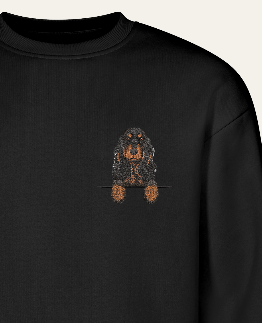 Cocker spaniel angielski (czarny podpalany) – bluza z haftem, czarna (zbliżenie)