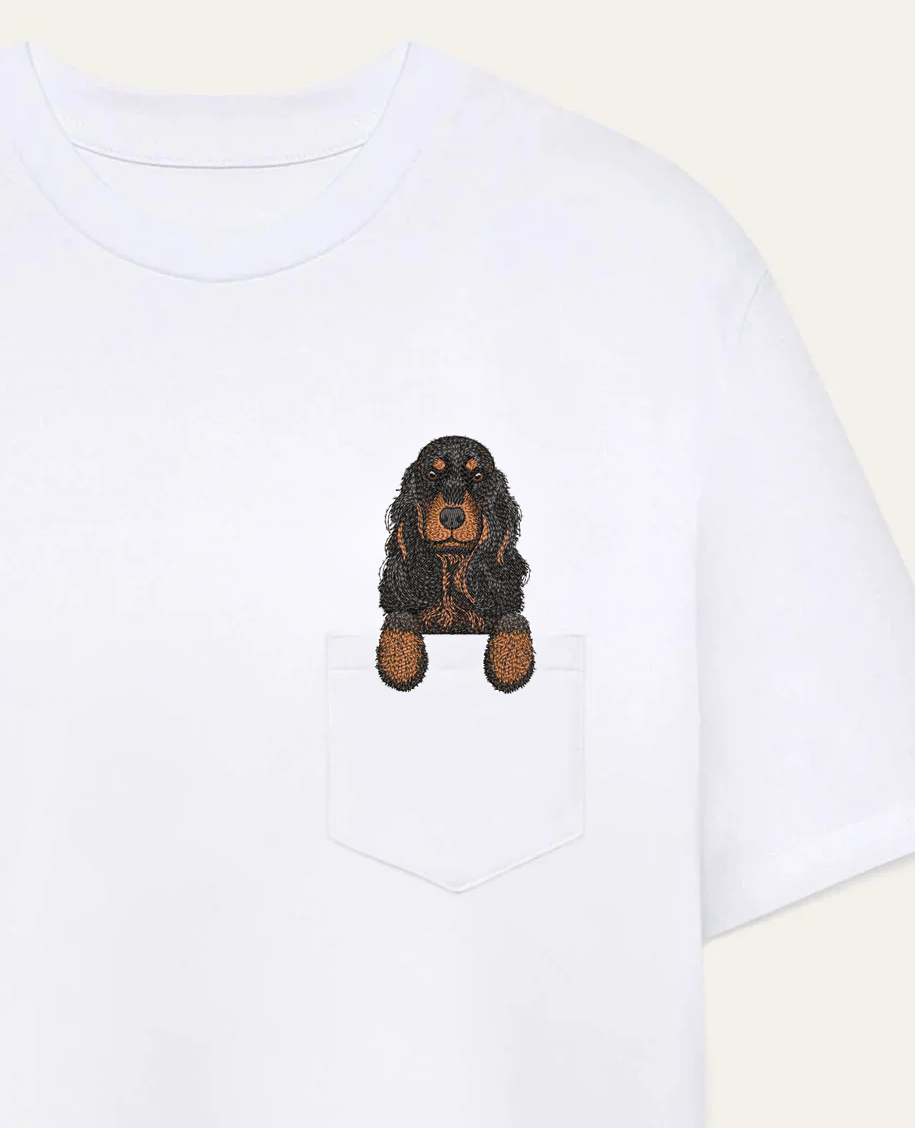 Cocker spaniel angielski (czarny podpalany) – koszulka z haftem, biała