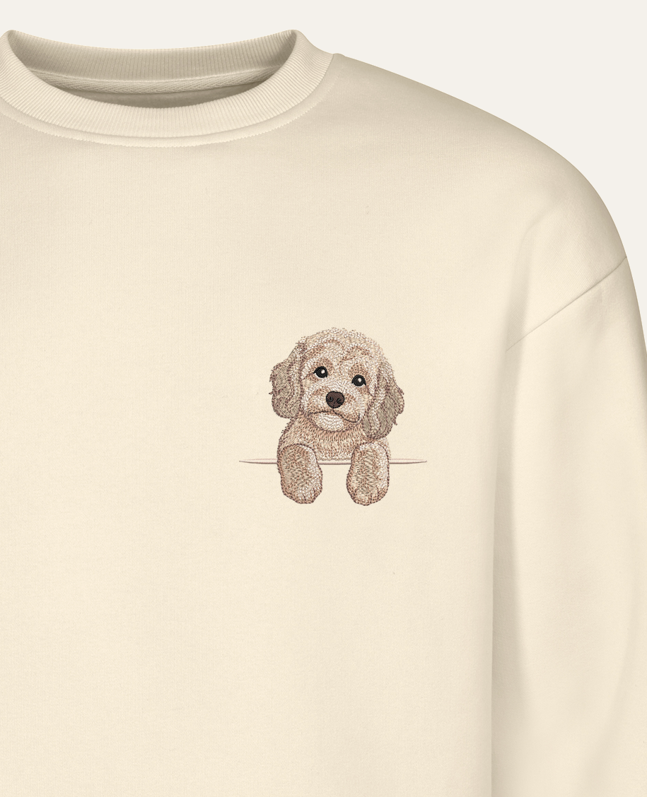 Cavapoo (kremowy) – bluza z haftem, piaskowa (zbliżenie)