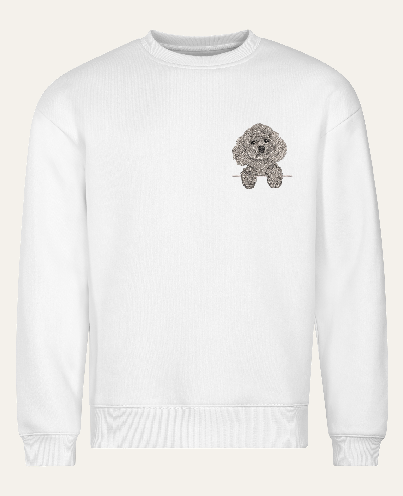 Pudel toy (srebrny) – bluza z haftem, biała (cała sylwetka)