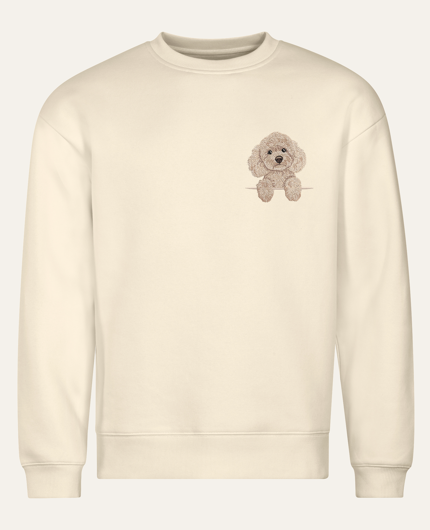 Pudel toy (kremowy) – bluza z haftem, piaskowa (cała sylwetka)