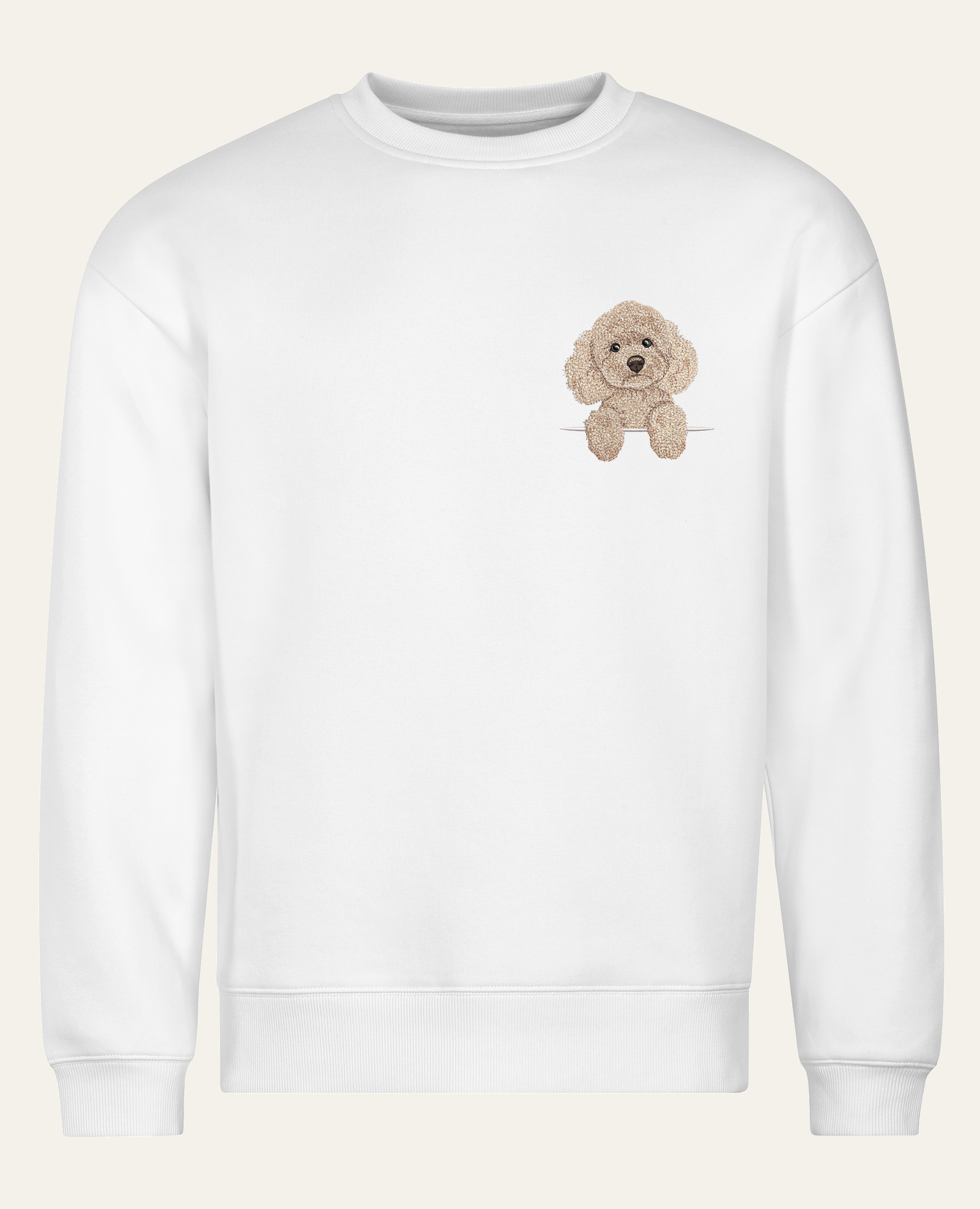 Pudel toy (kremowy) – bluza z haftem, biała (cała sylwetka)