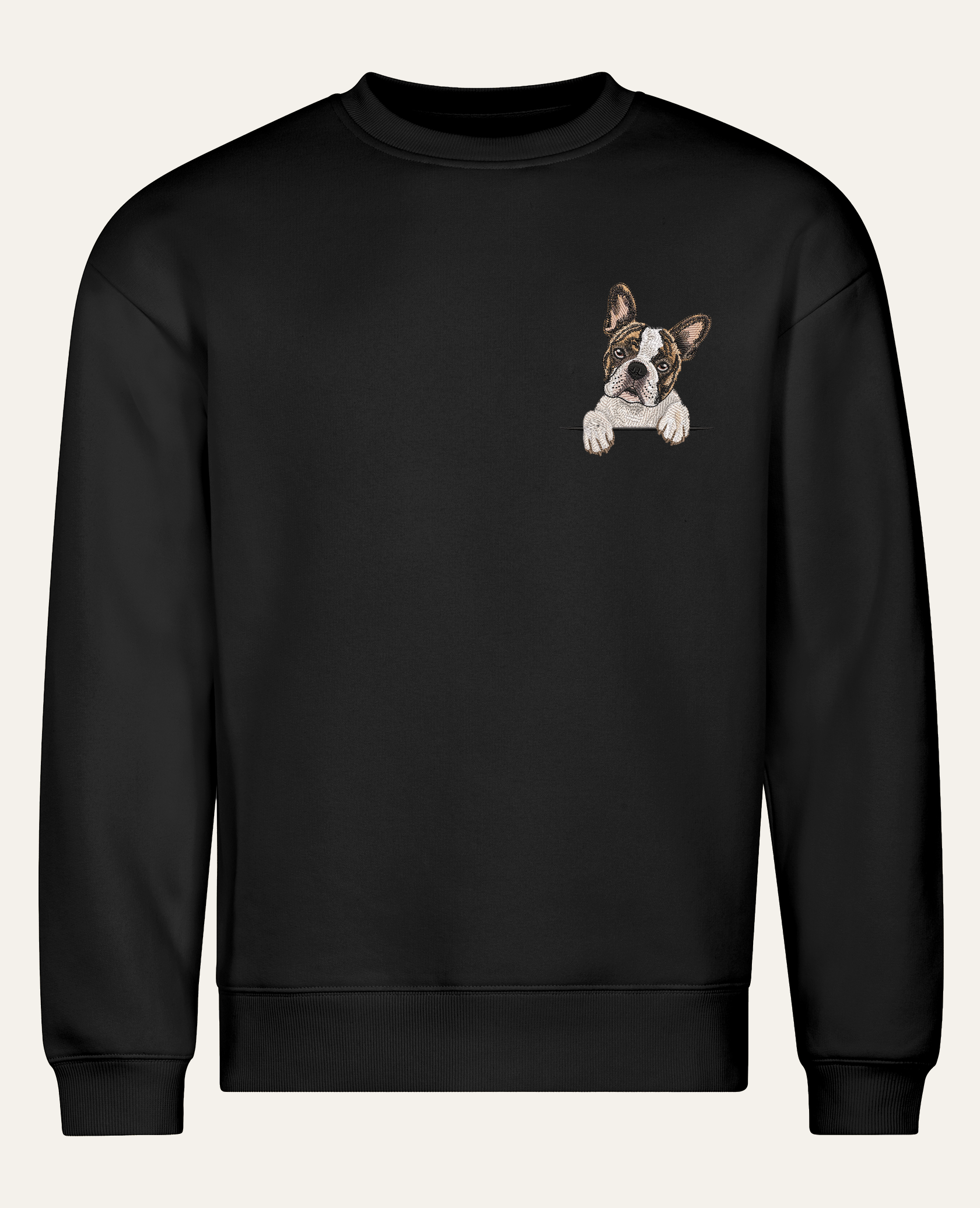 Buldog francuski (biało-pręgowany) – bluza z haftem, czarna (cała sylwetka)
