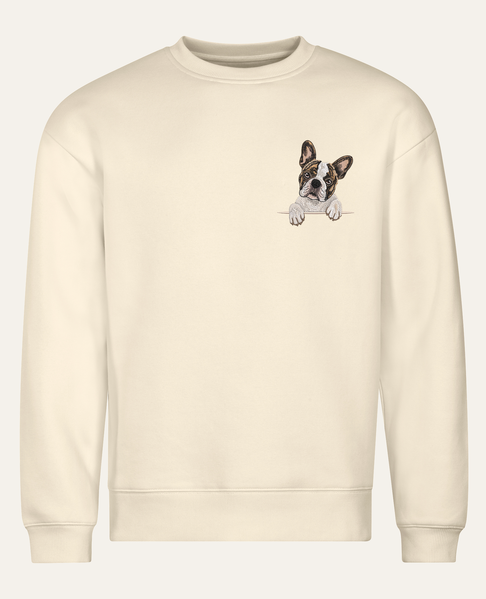 Buldog francuski (biało-pręgowany) – bluza z haftem, piaskowa (cała sylwetka)