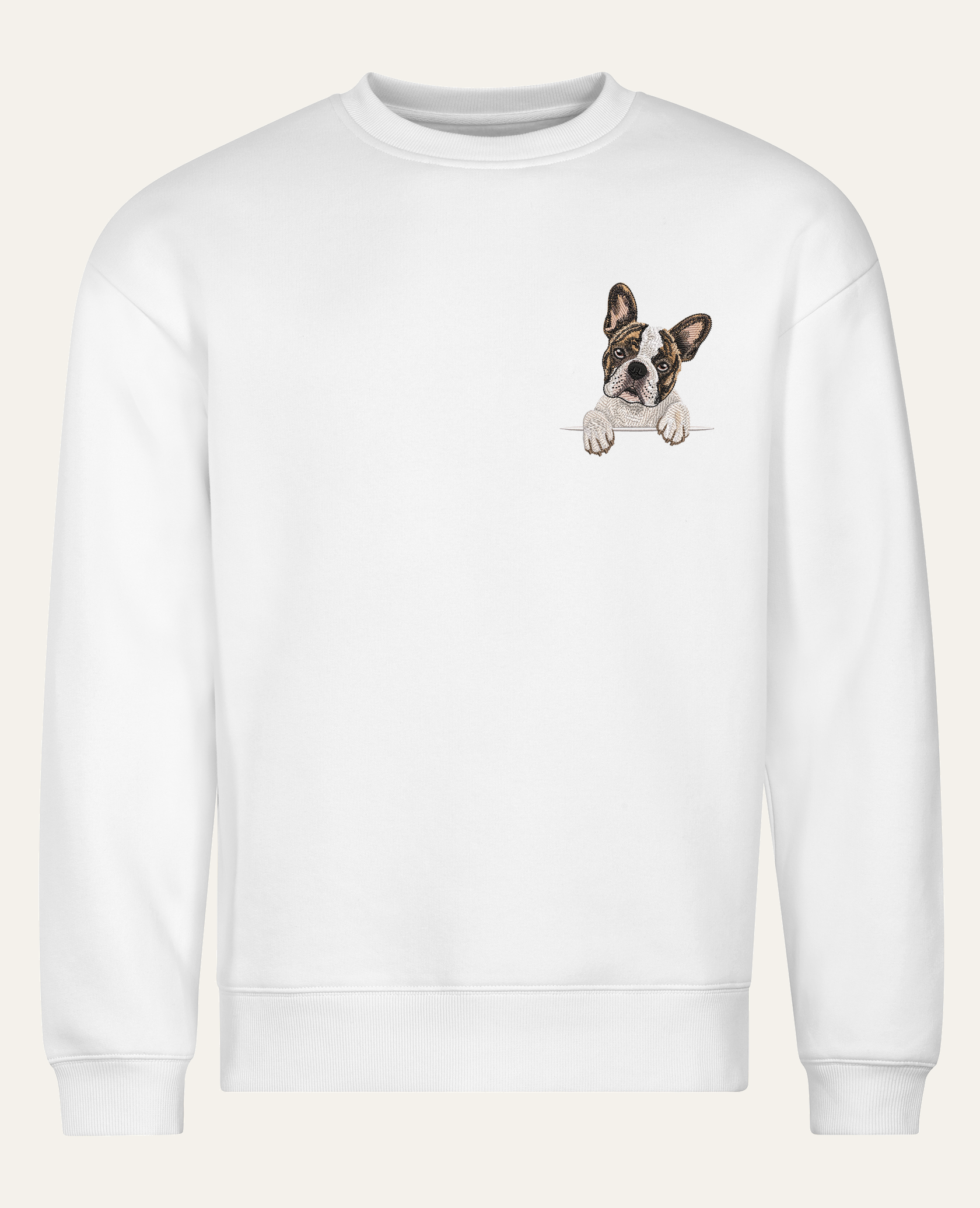 Buldog francuski (biało-pręgowany) – bluza z haftem, biała (cała sylwetka)
