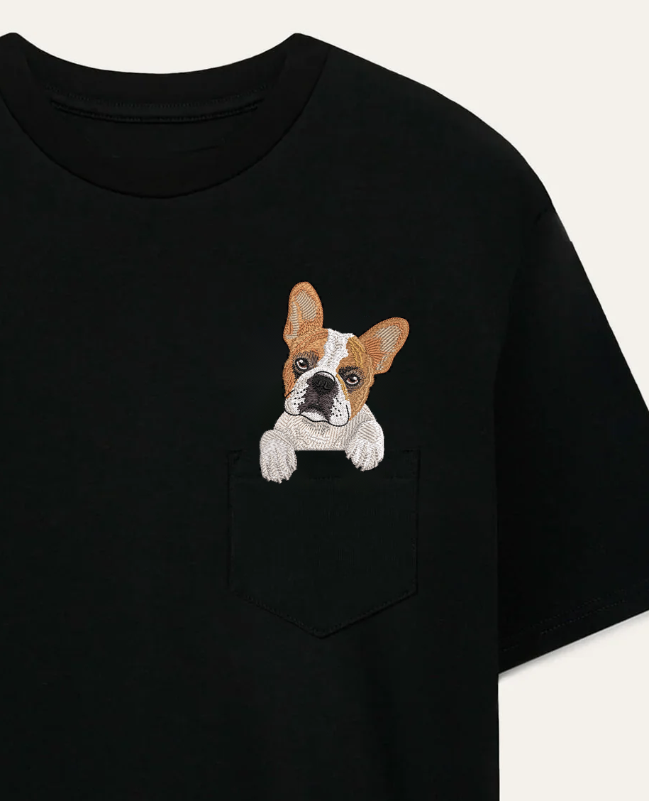Buldog francuski (biało-płowy) – koszulka z haftem, czarna