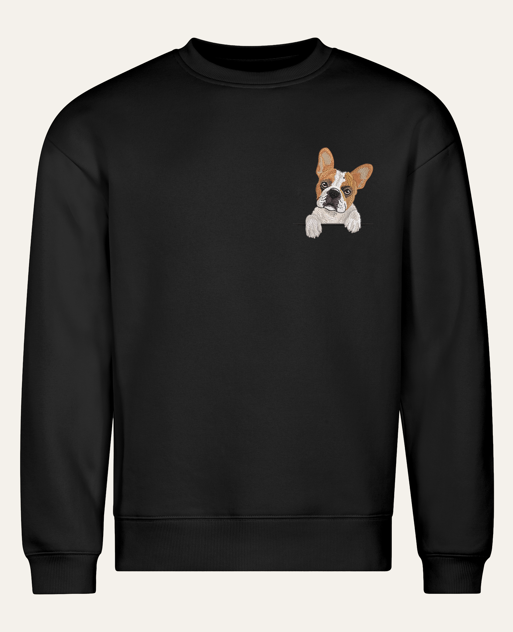 Buldog francuski (biało-płowy) – bluza z haftem, czarna (cała sylwetka)