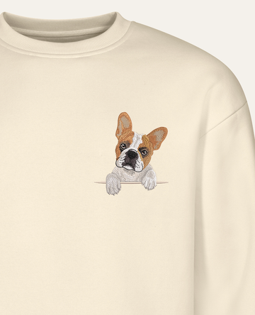 Buldog francuski (biało-płowy) – bluza z haftem, piaskowa (zbliżenie)