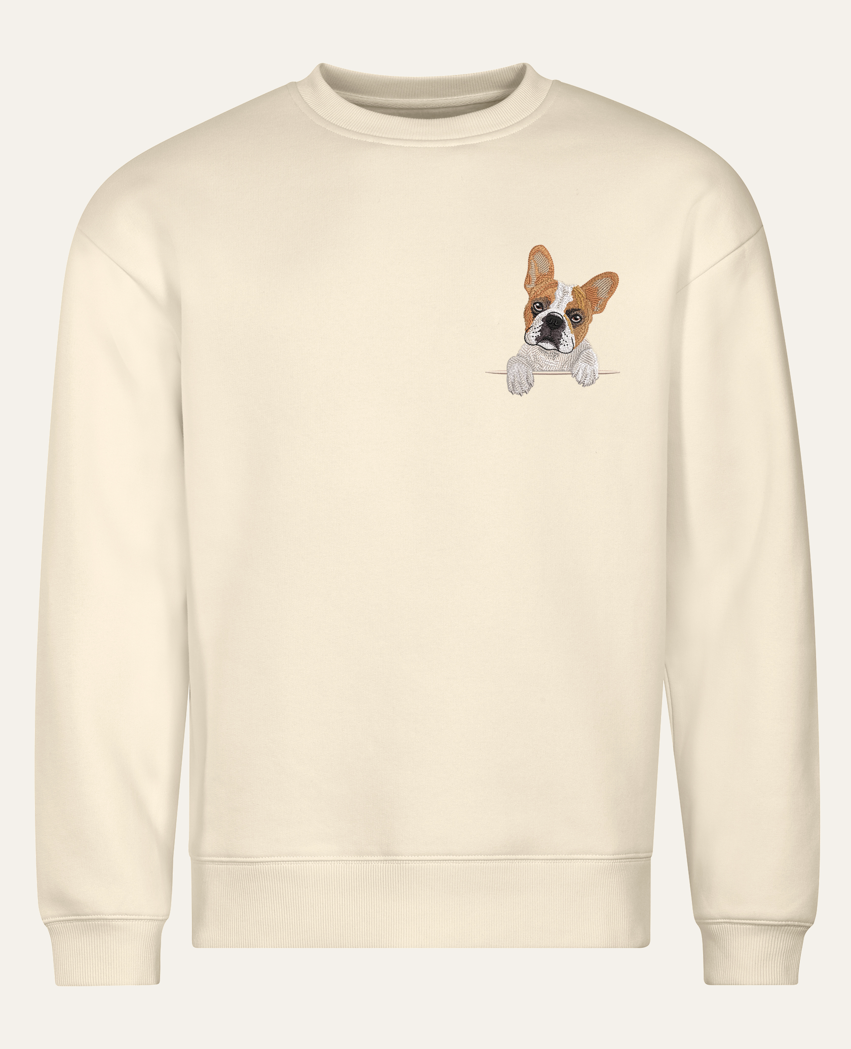 Buldog francuski (biało-płowy) – bluza z haftem, piaskowa (cała sylwetka)