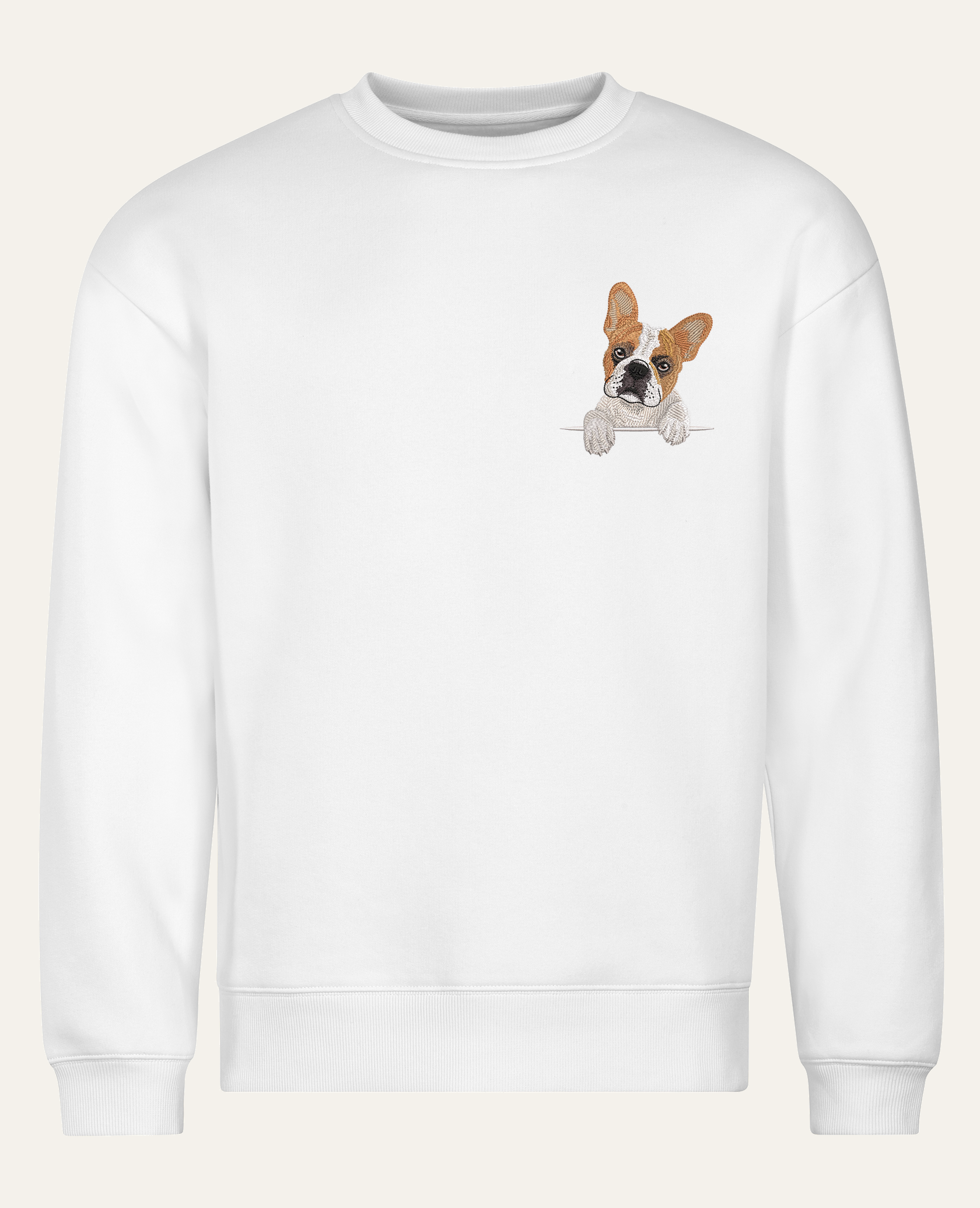 Buldog francuski (biało-płowy) – bluza z haftem, biała (cała sylwetka)