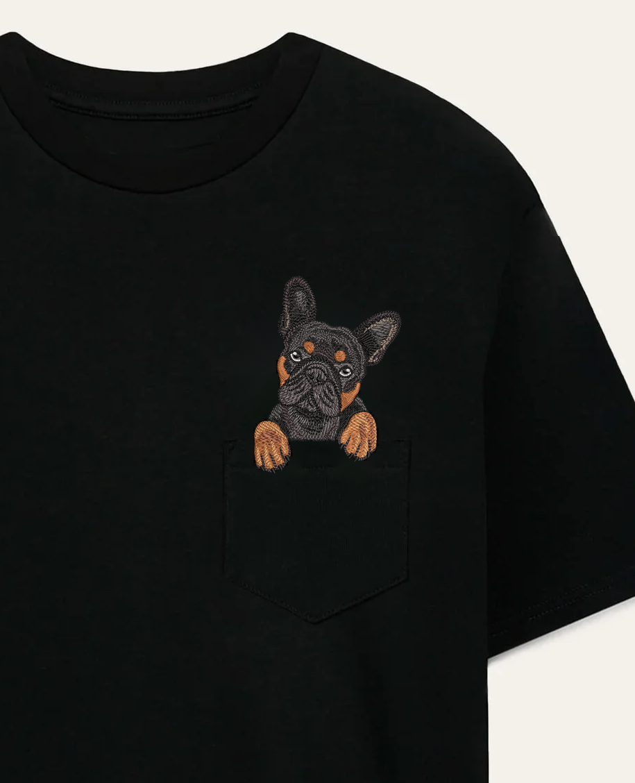 Buldog francuski (czarny podpalany) – koszulka z haftem, czarna