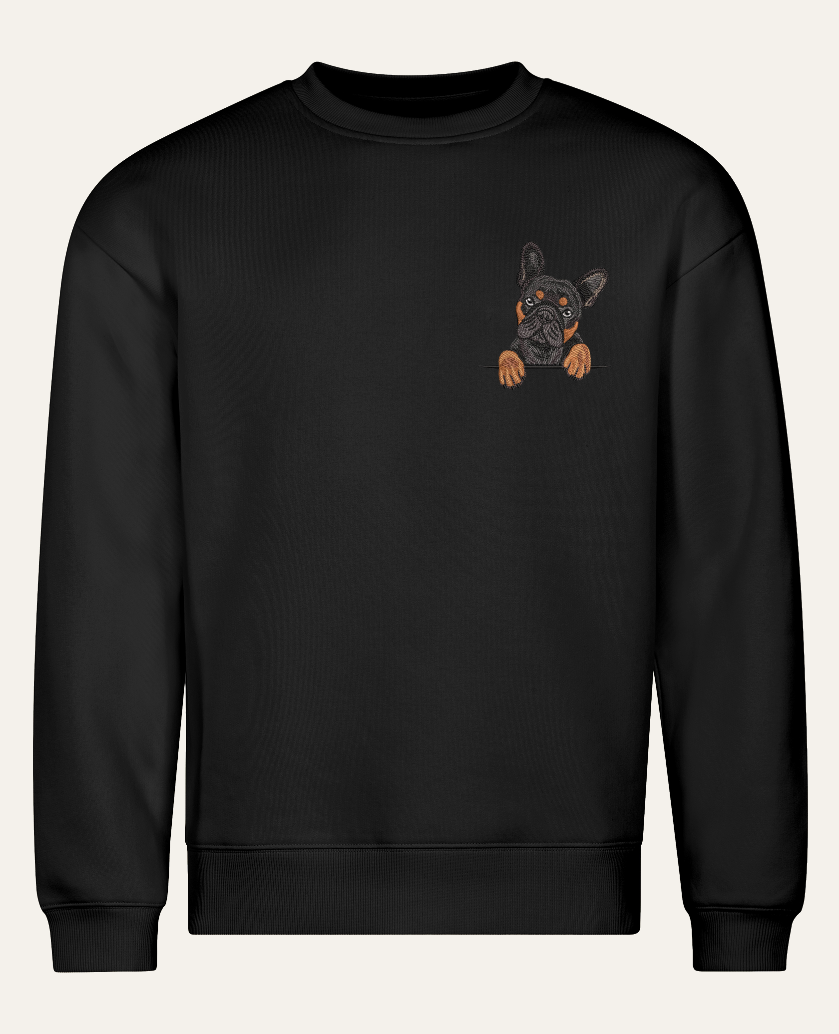Buldog francuski (czarny podpalany) – bluza z haftem, czarna (cała sylwetka)