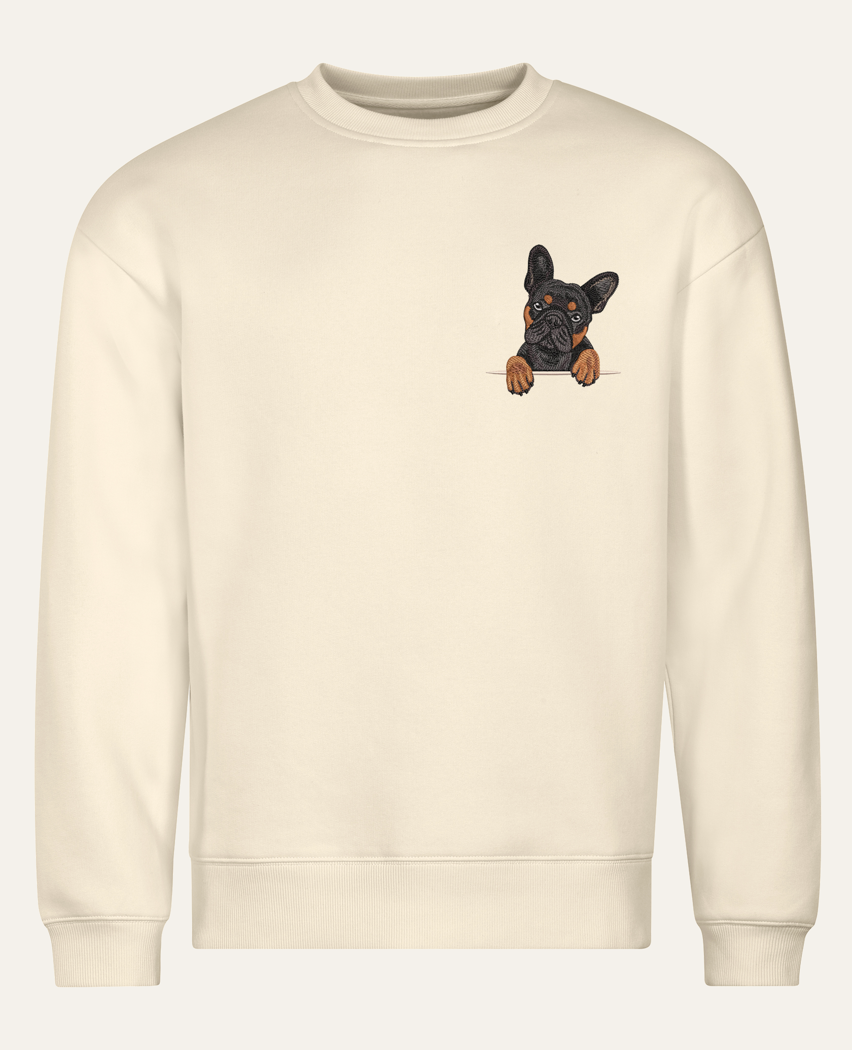 Buldog francuski (czarny podpalany) – bluza z haftem, piaskowa (cała sylwetka)