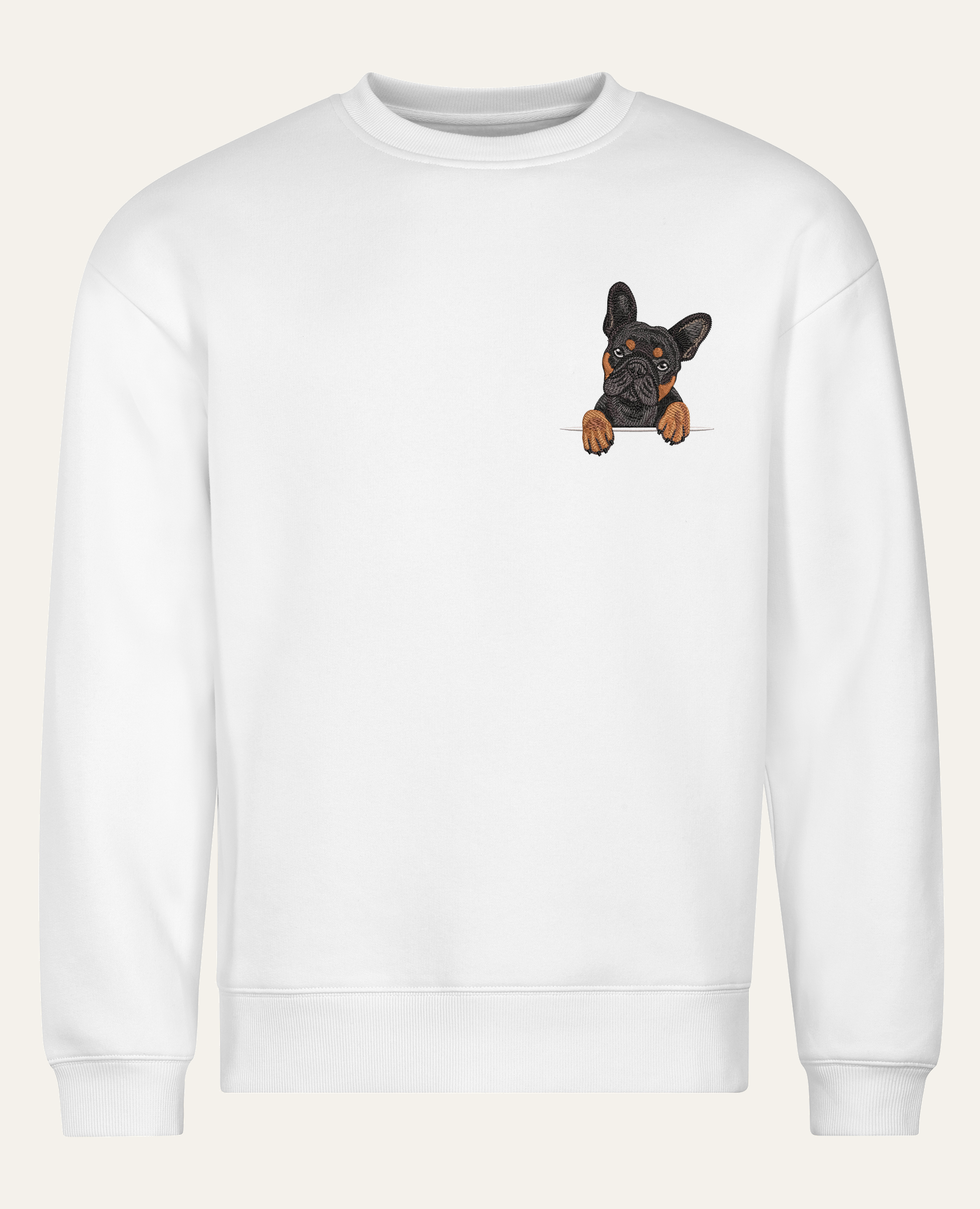 Buldog francuski (czarny podpalany) – bluza z haftem, biała (cała sylwetka)